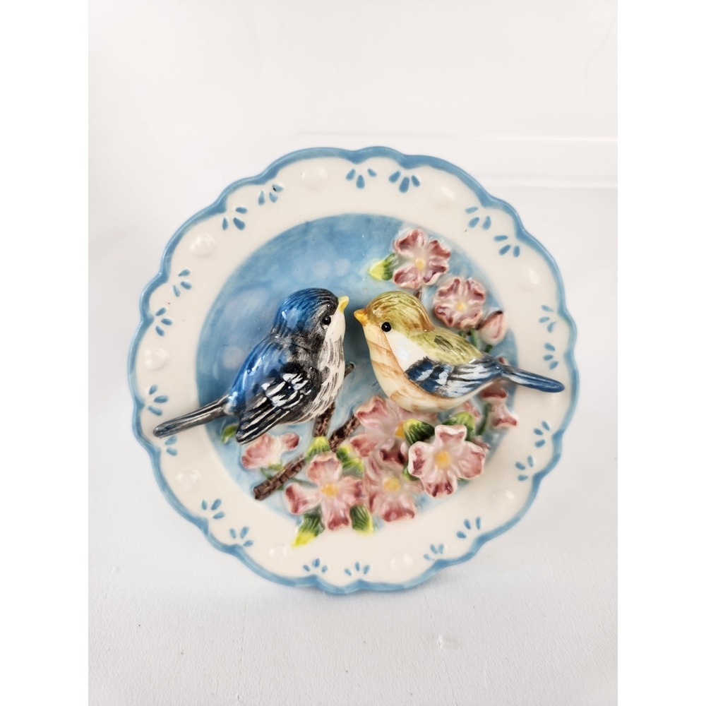 Ganz Porcelain 3D Birds Plate Pink Flowers Scallop Wall Hanging Bluebirds Floral